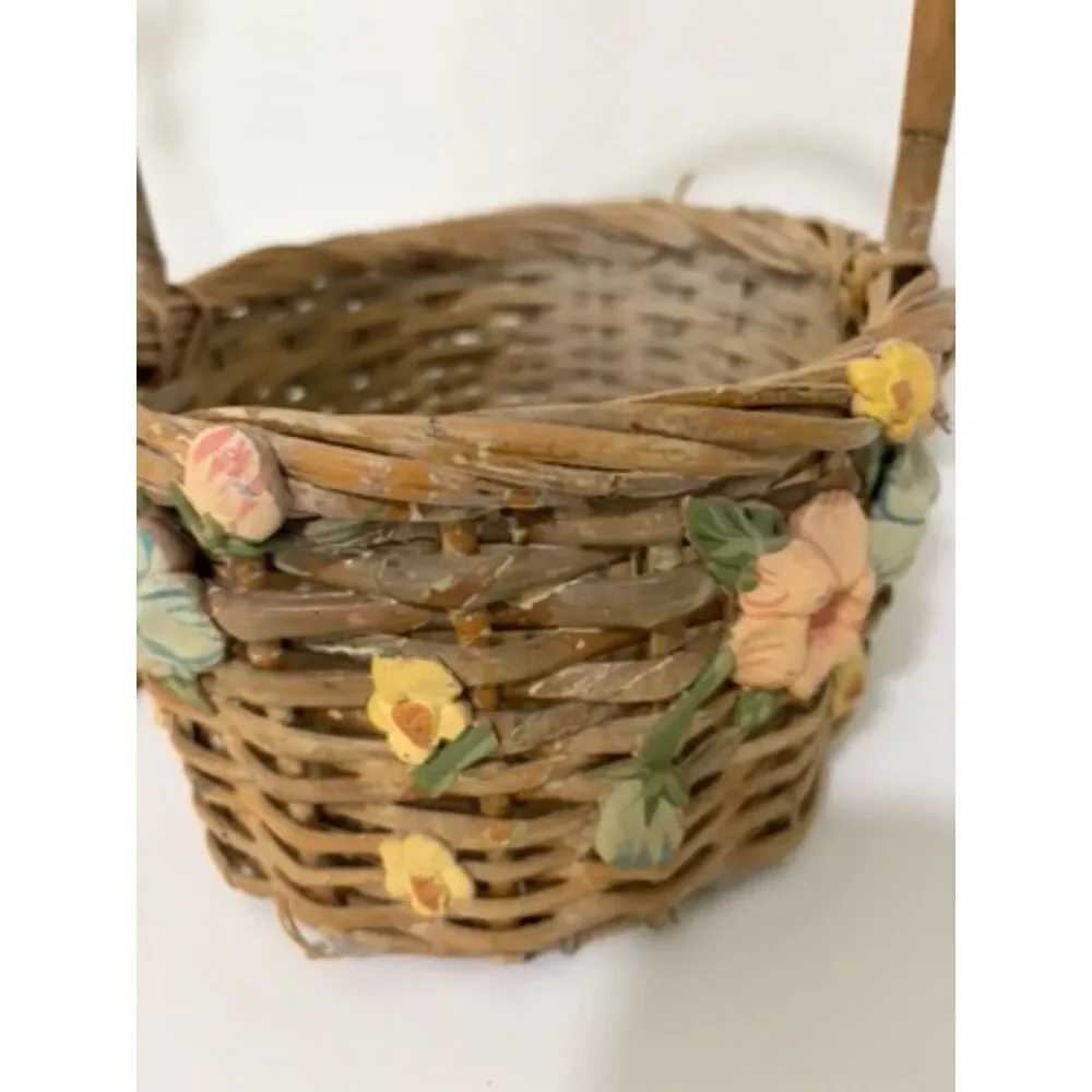 vtg. Woven Basket with ceramic flowers